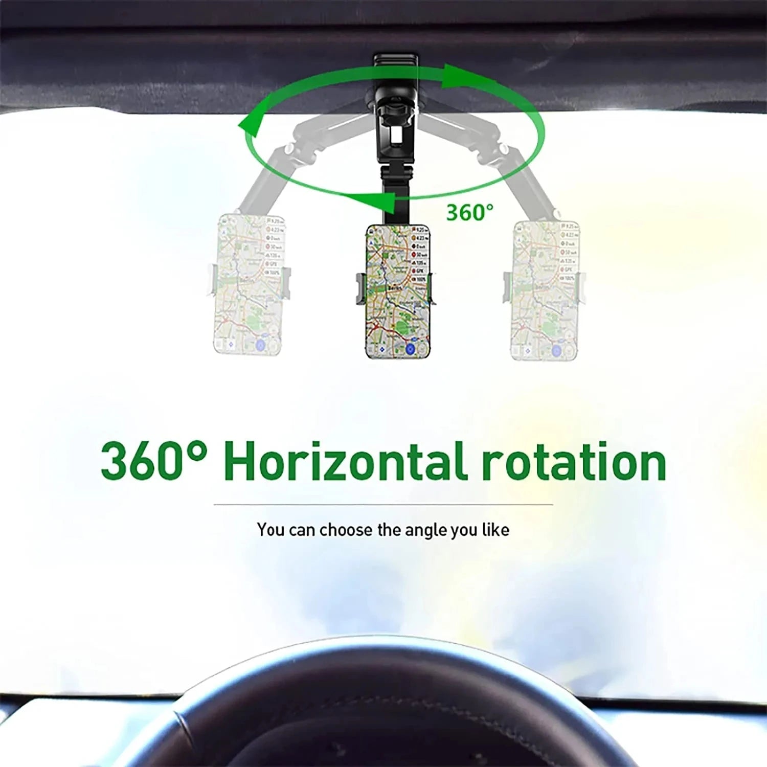 360° Rotating Car Phone Holder for Sun Visor & Rearview Mirror