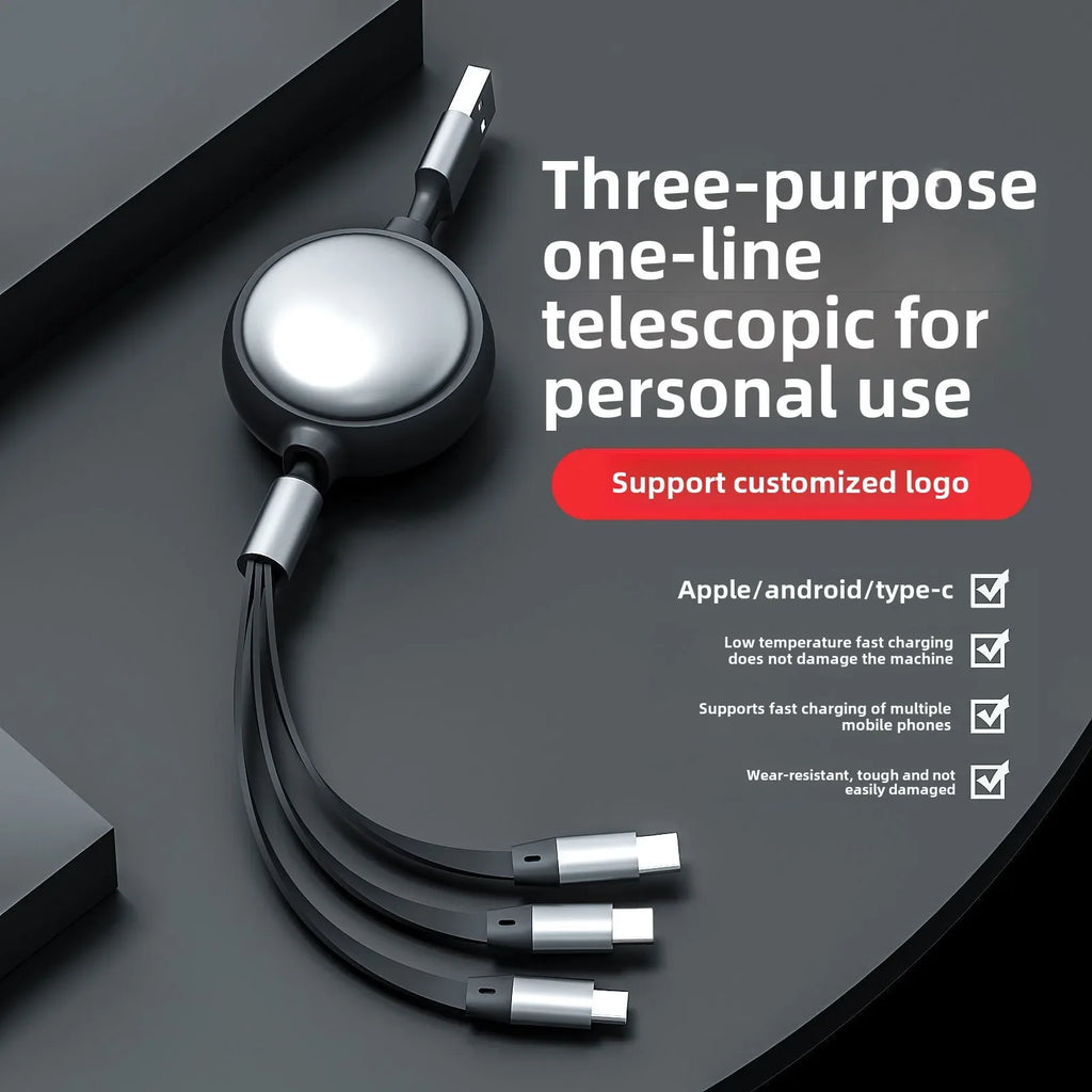 One Drag Three Fast Charge Telescopic 3-in-1 Liquid Soft Rubber Charging Cable