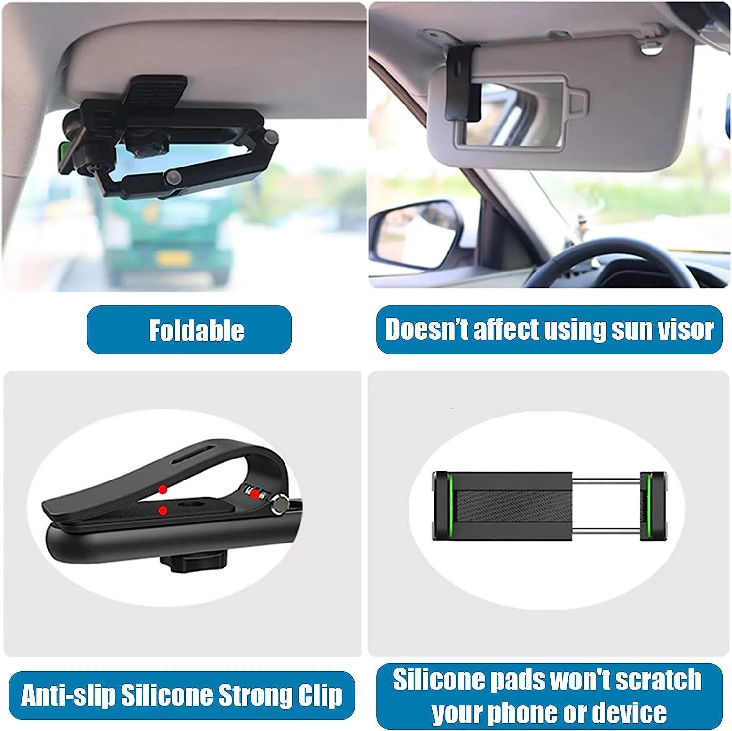 360° Rotating Car Phone Holder for Sun Visor & Rearview Mirror