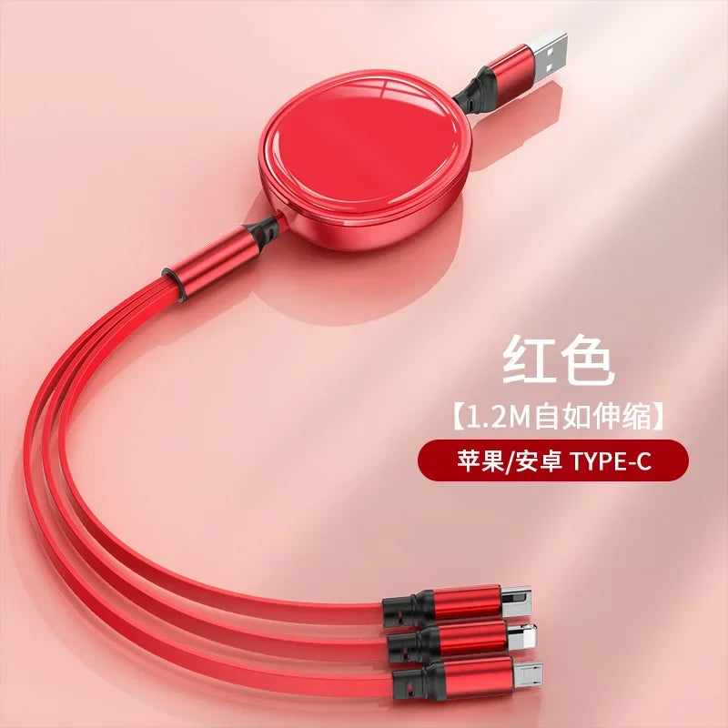 One Drag Three Fast Charge Telescopic 3-in-1 Liquid Soft Rubber Charging Cable