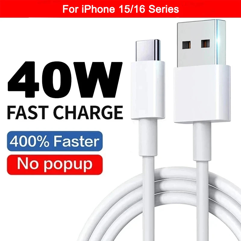 40W PD USB-C Fast Charger Cable for iPhone 16/15/14/13/12/11 & iPad
