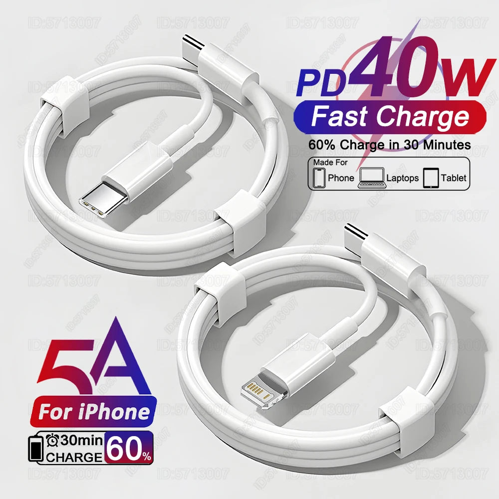 40W PD USB-C Fast Charger Cable for iPhone 16/15/14/13/12/11 & iPad