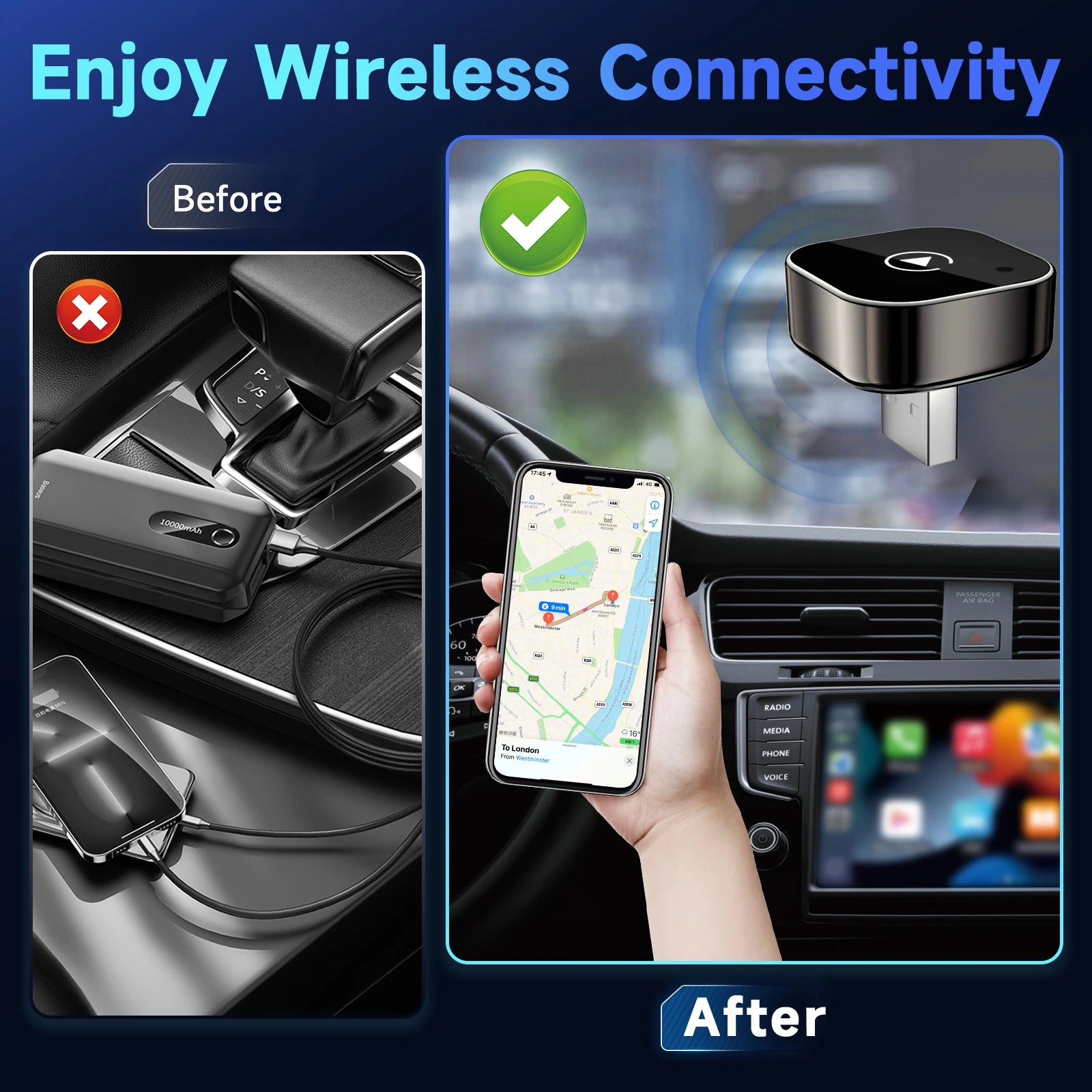Pionray 2in1 Wireless CarPlay Adapter Android Auto AI Smart Box for All Cars