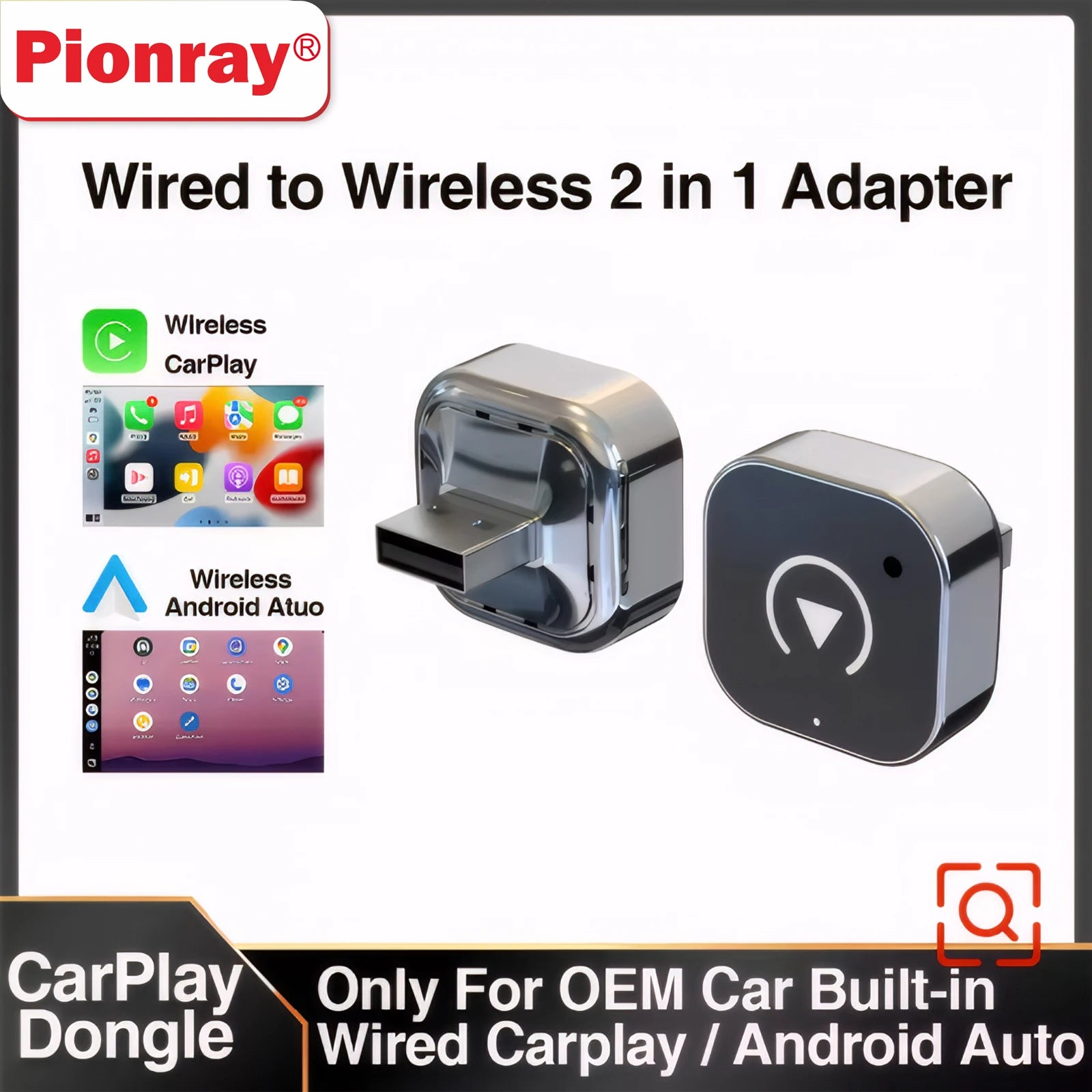 Pionray 2in1 Wireless CarPlay Adapter Android Auto AI Smart Box for All Cars